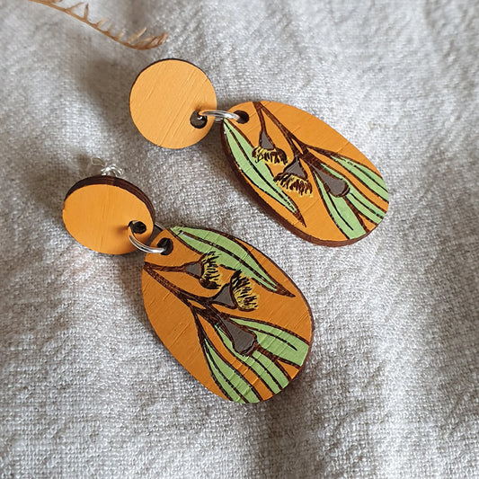 Hand Painted Bamboo Eucalyptus Stud Earrings in Bright Orange