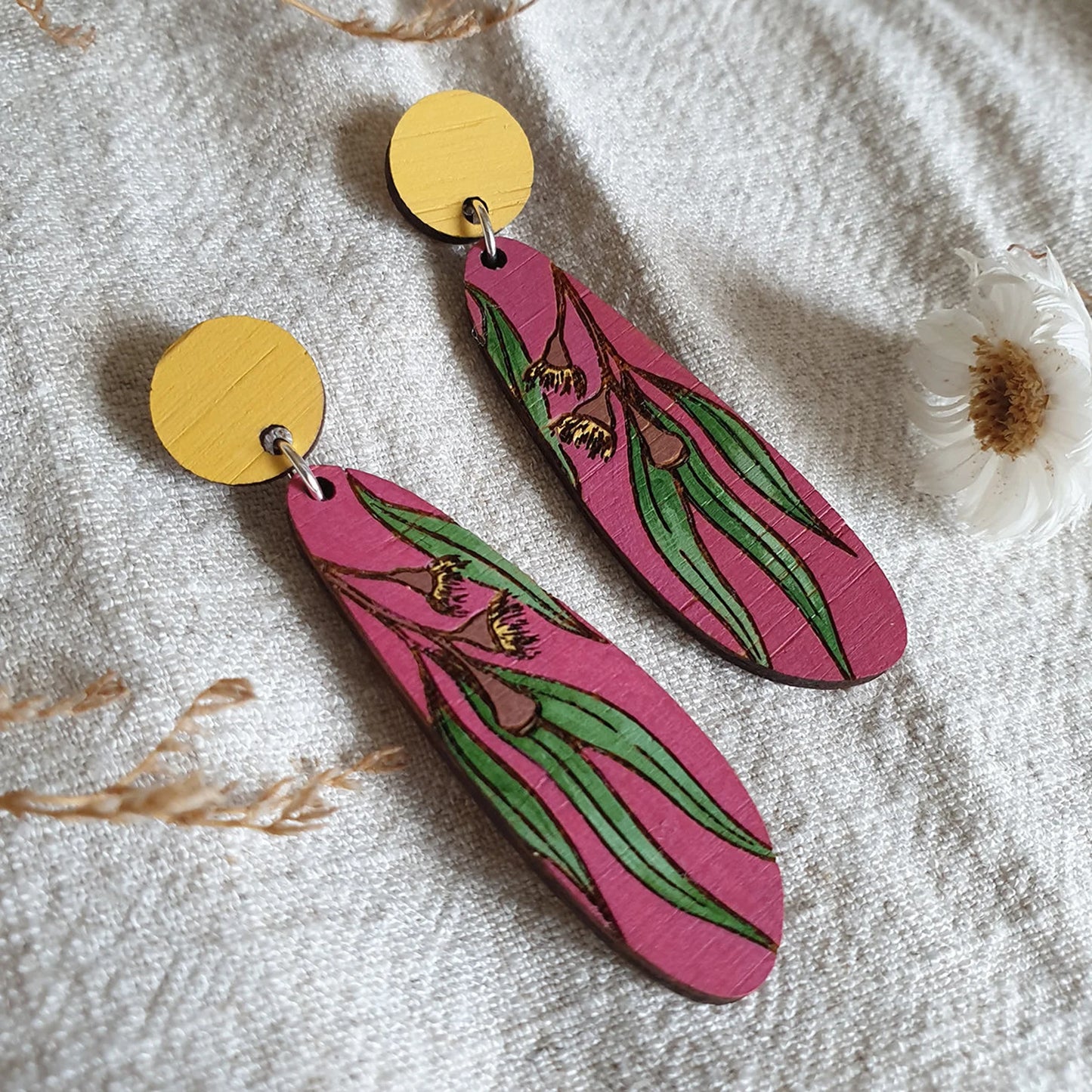 Hand Painted Bamboo Eucalyptus Stud Earrings in Dusty Pink + Mustard