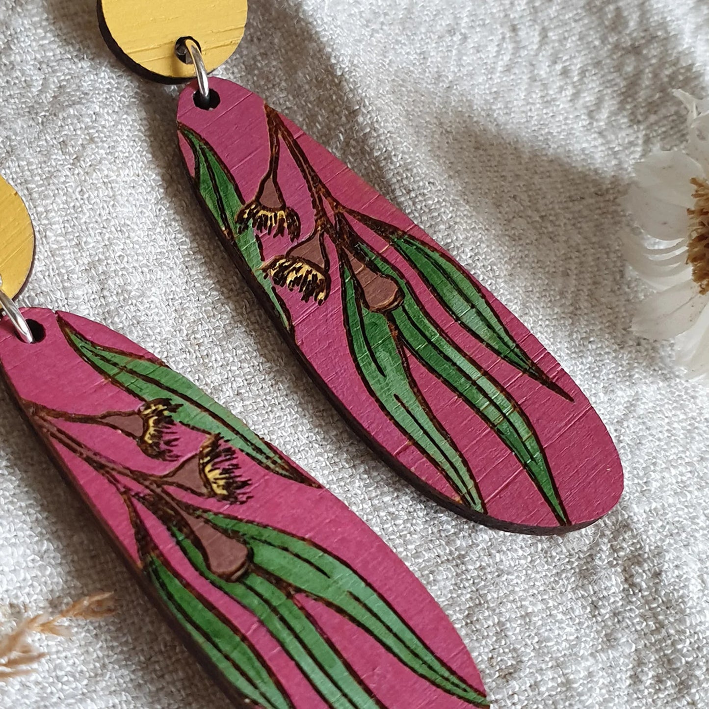 Hand Painted Bamboo Eucalyptus Stud Earrings in Dusty Pink + Mustard