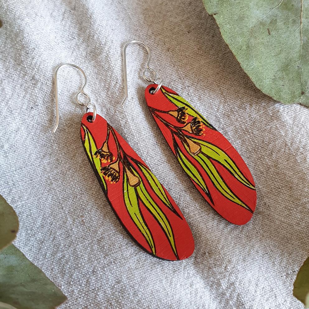 Hand Painted Bamboo Eucalyptus Dangle Earrings in Red