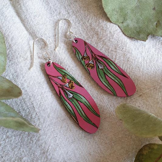 Hand Painted Bamboo Eucalyptus Dangle Earrings in Pink