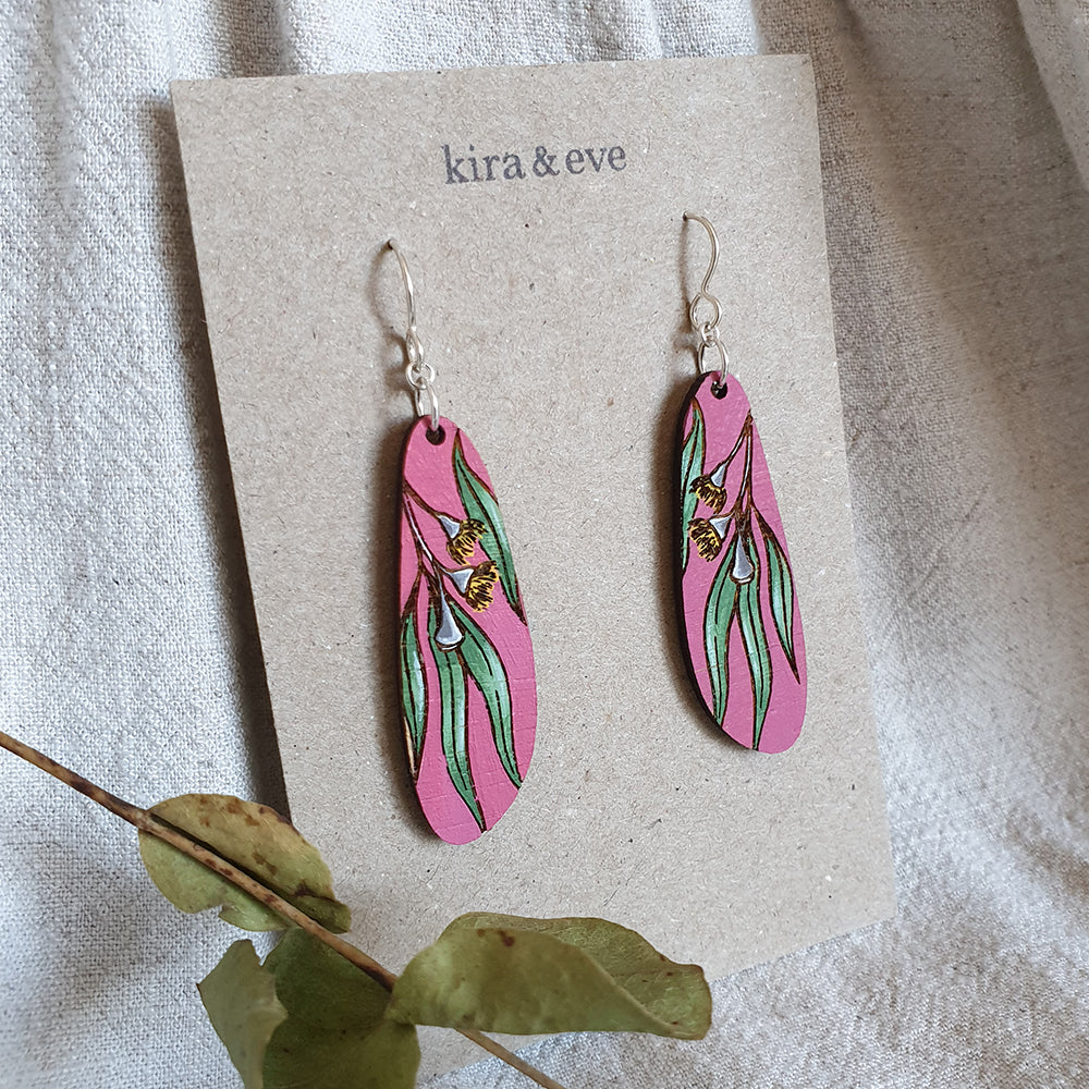 Hand Painted Bamboo Eucalyptus Dangle Earrings in Pink