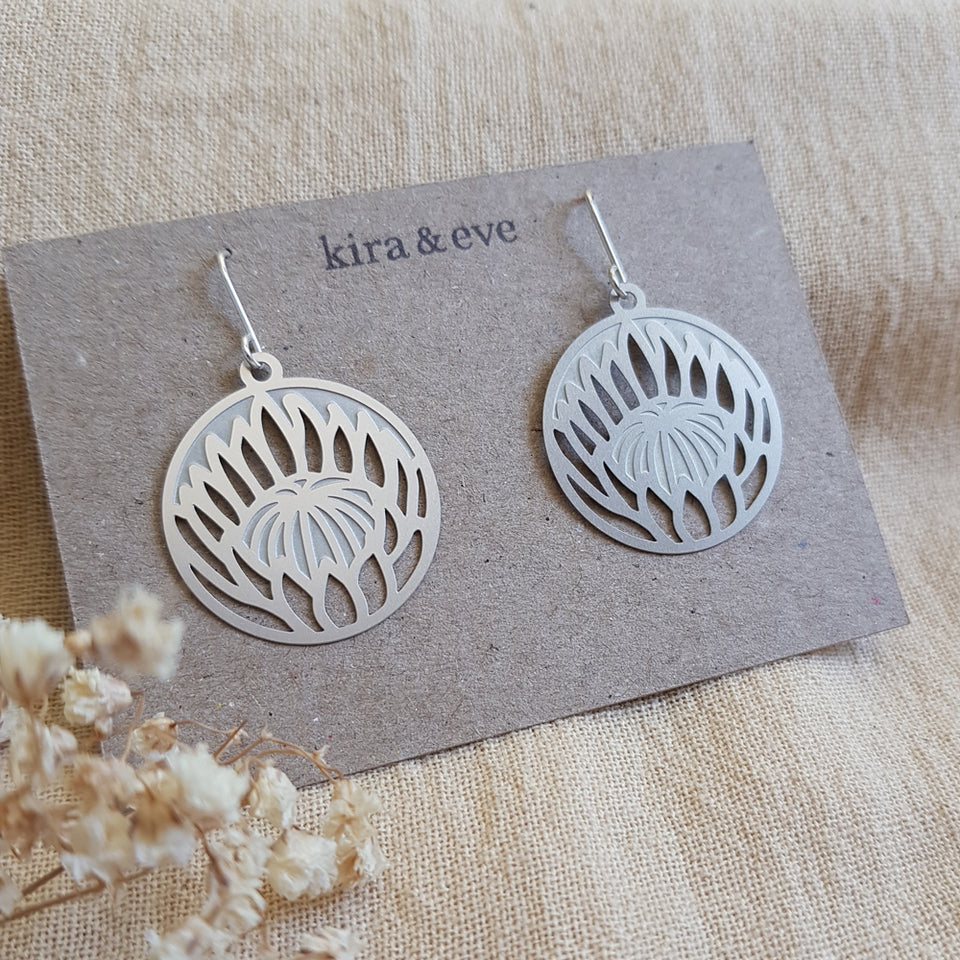 Silver protea drop earrings | Kira & Eve Australian made silver earrings