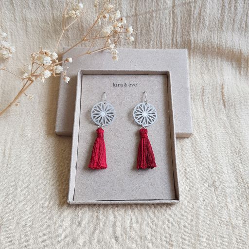 Australian Daisy Tassel Earrings in Red Wine Ombre in Stainless Steel and Sterling Silver