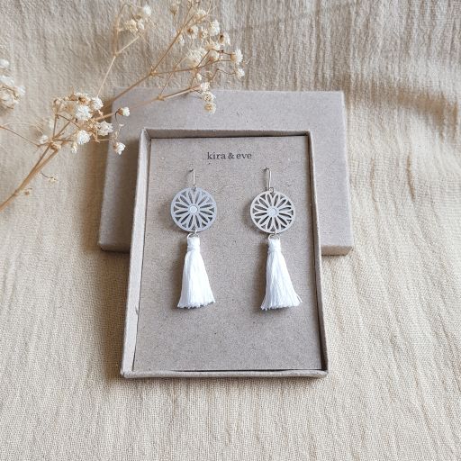 Australian Daisy Tassel Drop Earrings in White made from Stainless Steel and Sterling Silver