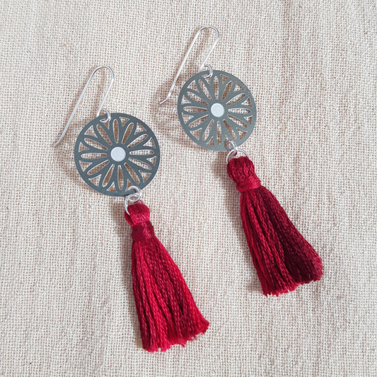 Australian Daisy Tassel Earrings in Red Wine Ombre in Stainless Steel and Sterling Silver