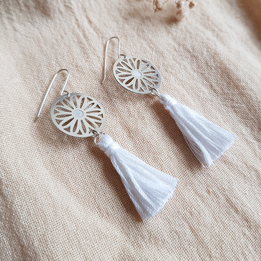 Kira & Eve Australian Daisy Tassel Drop Earrings in White made from Stainless Steel and Sterling Silver