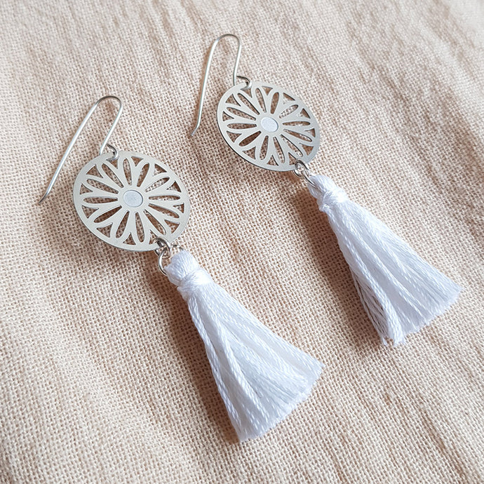 Kira & Eve Australian Daisy Tassel Drop Earrings in White made from Stainless Steel and Sterling Silver