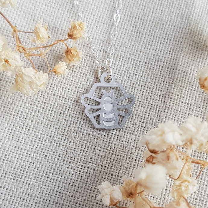Kira & Eve Banded Bee Tiny Pendant Silver Necklace in Stainless Steel & Sterling Silver