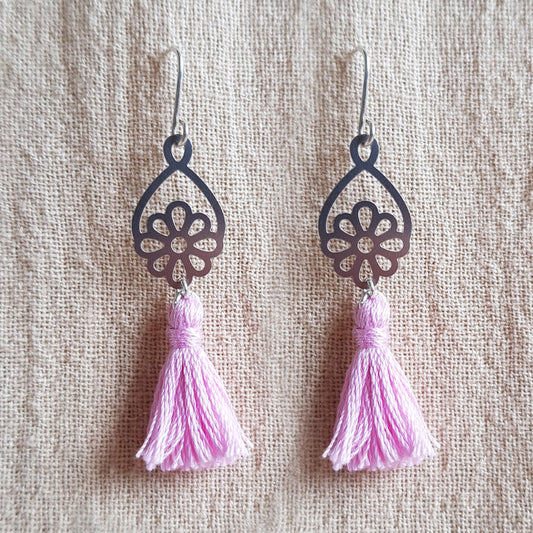 Kira & Eve Daisy Tassel Silver Earrings in Soft Pink in Sterling Silver and Stainless Steel