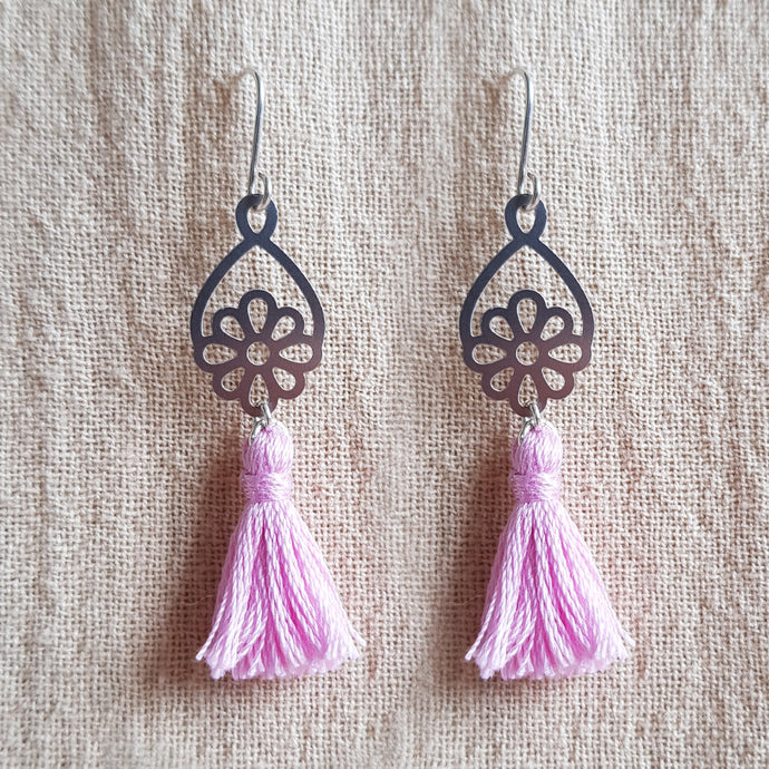 Kira & Eve Daisy Tassel Silver Earrings in Soft Pink in Sterling Silver and Stainless Steel