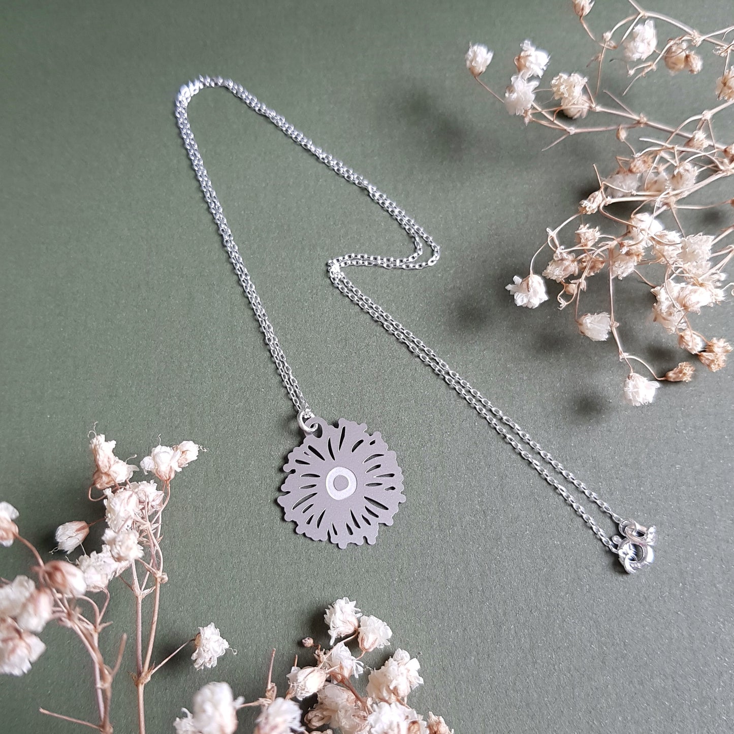 Eucalyptus Flower Pendant Silver Necklace in Stainless Steel & Sterling Silver