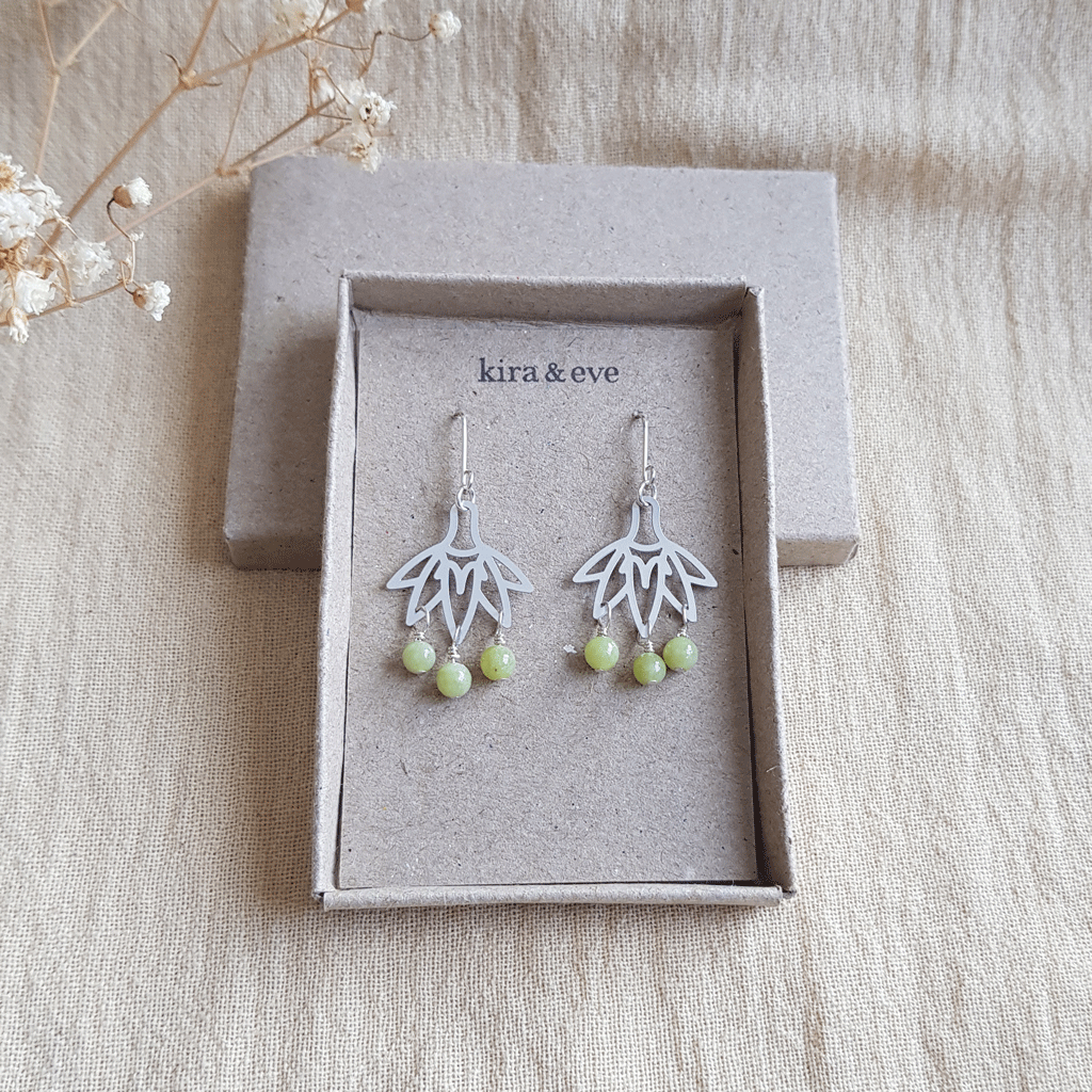 Kira & Eve Fan Earrings with Jade Green beads on silver drop earrings, made from stainless steel and sterling silver