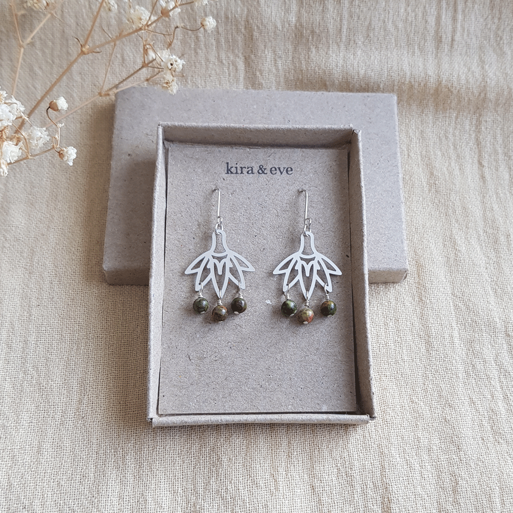 Kira & Eve Fan Earrings in Natural Bead Silver Drop Earrings in Stainless Steel & Sterling Silver