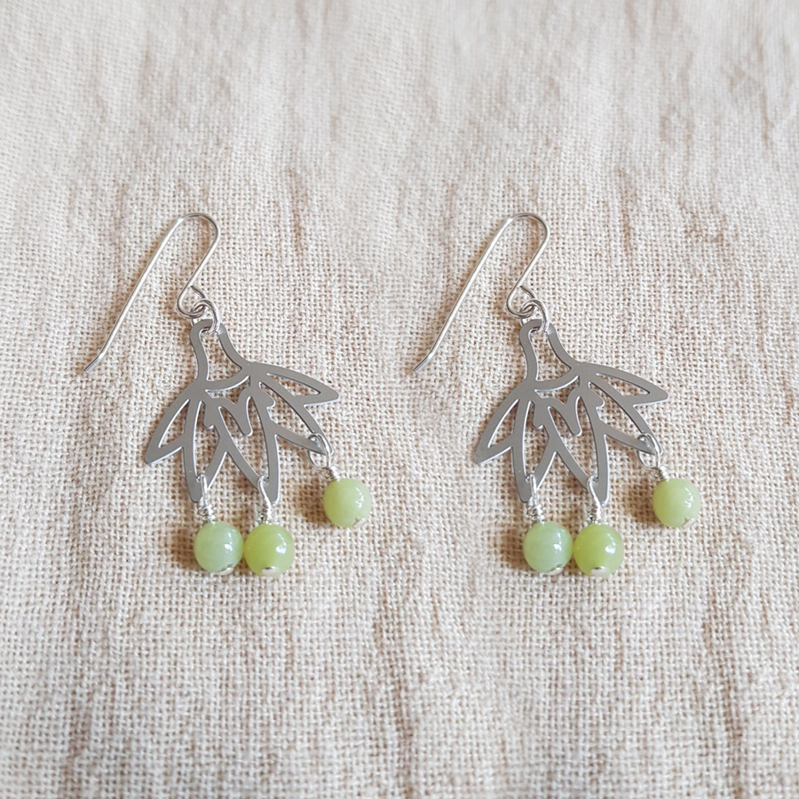 Kira & Eve Fan Earrings with Jade Green beads on silver drop earrings, made from stainless steel and sterling silver