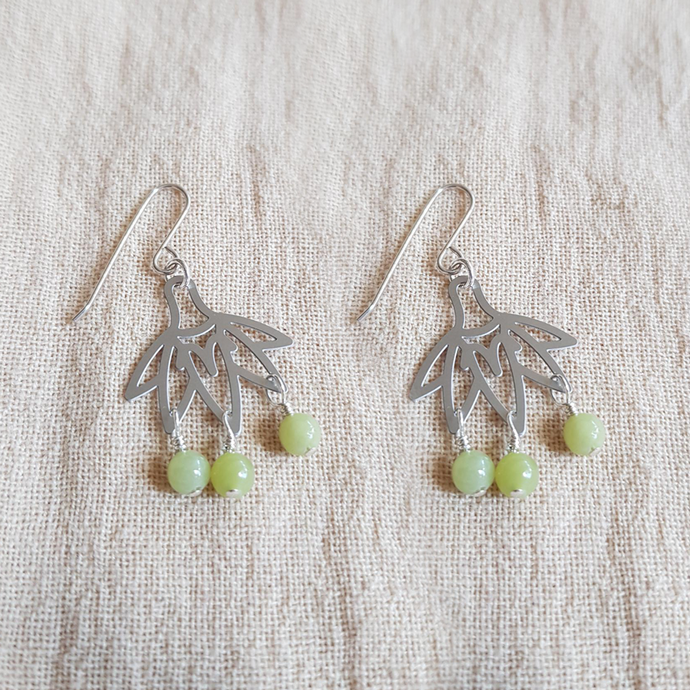 Kira & Eve Fan Earrings with Jade Green beads on silver drop earrings, made from stainless steel and sterling silver