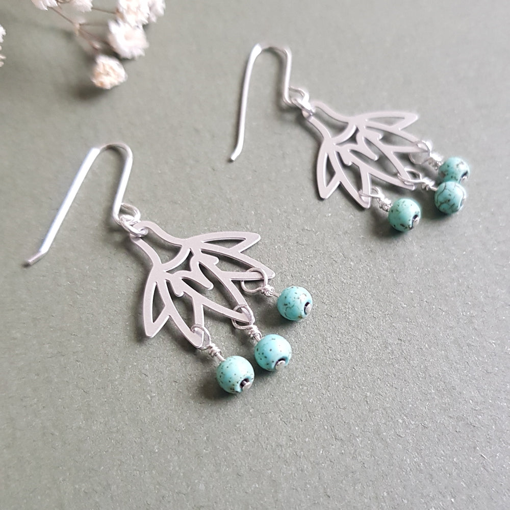 Kira & Even Fan Silver Drop Earrings with Turquoise Beads in Stainless Steel & Sterling Silver