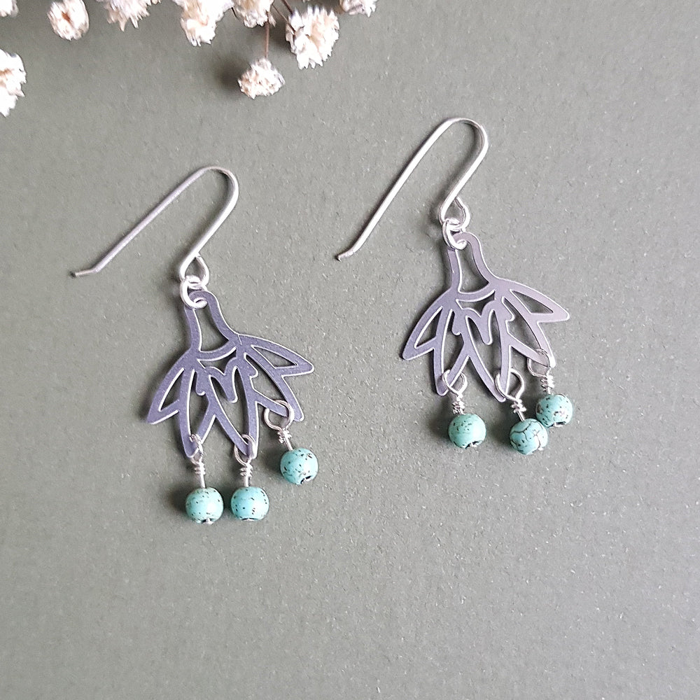 Turquoise Beaded Fan Flower Earrings, Lightweight dangle earrings