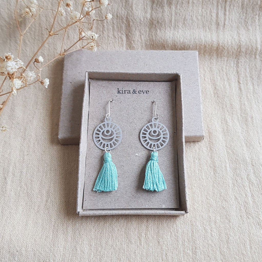 Kira & Eve Lunar Tassel Earrings in Mint made from Sterling Silver & Stainless Steel