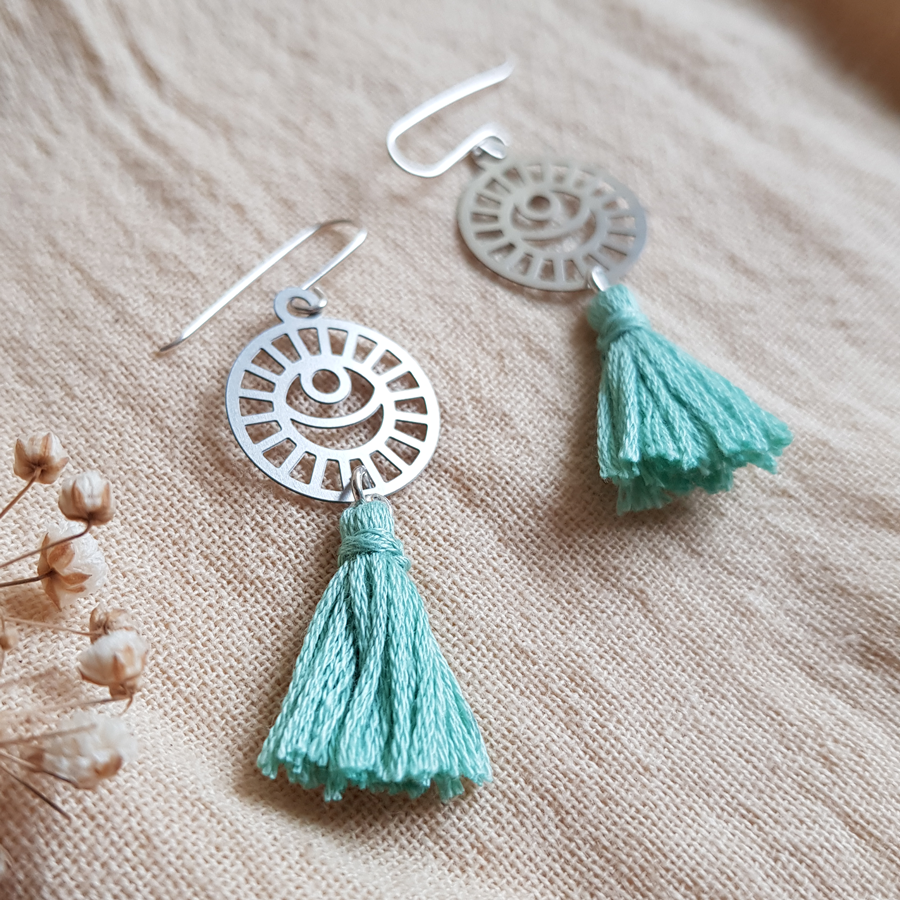 Kira & Eve Lunar Tassel Earrings in Mint made from Sterling Silver & Stainless Steel 