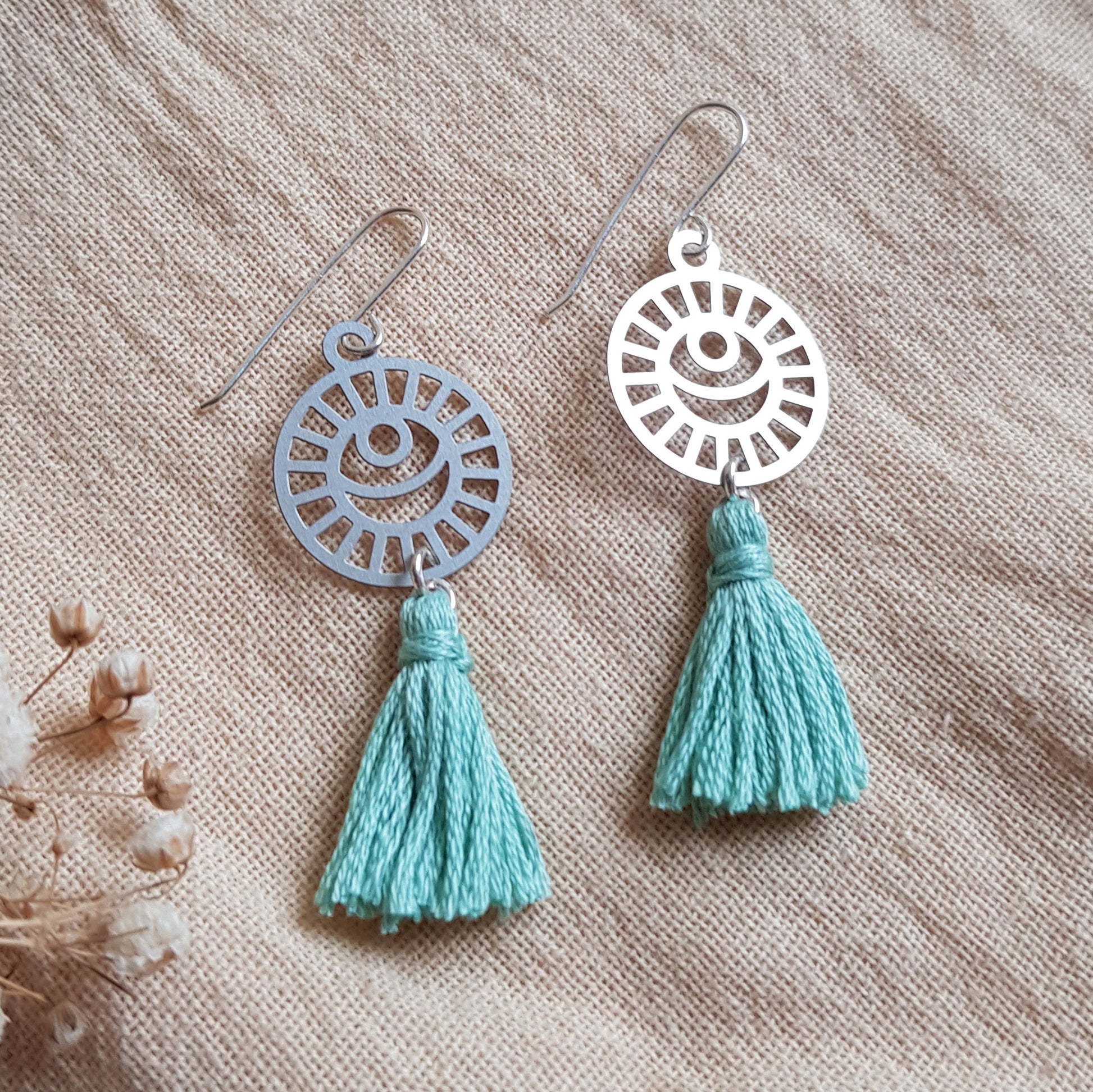 Kira & Eve Lunar Tassel Earrings in Mint made from Sterling Silver & Stainless Steel 