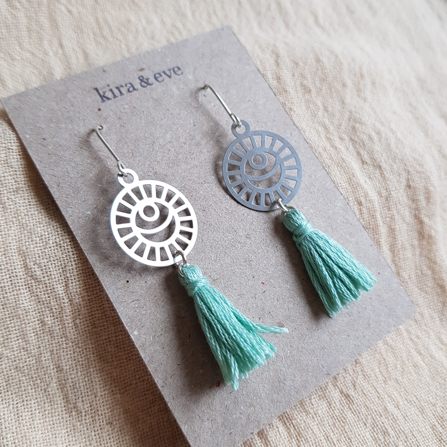 Kira & Eve Lunar Tassel Earrings in Mint made from Sterling Silver & Stainless Steel 