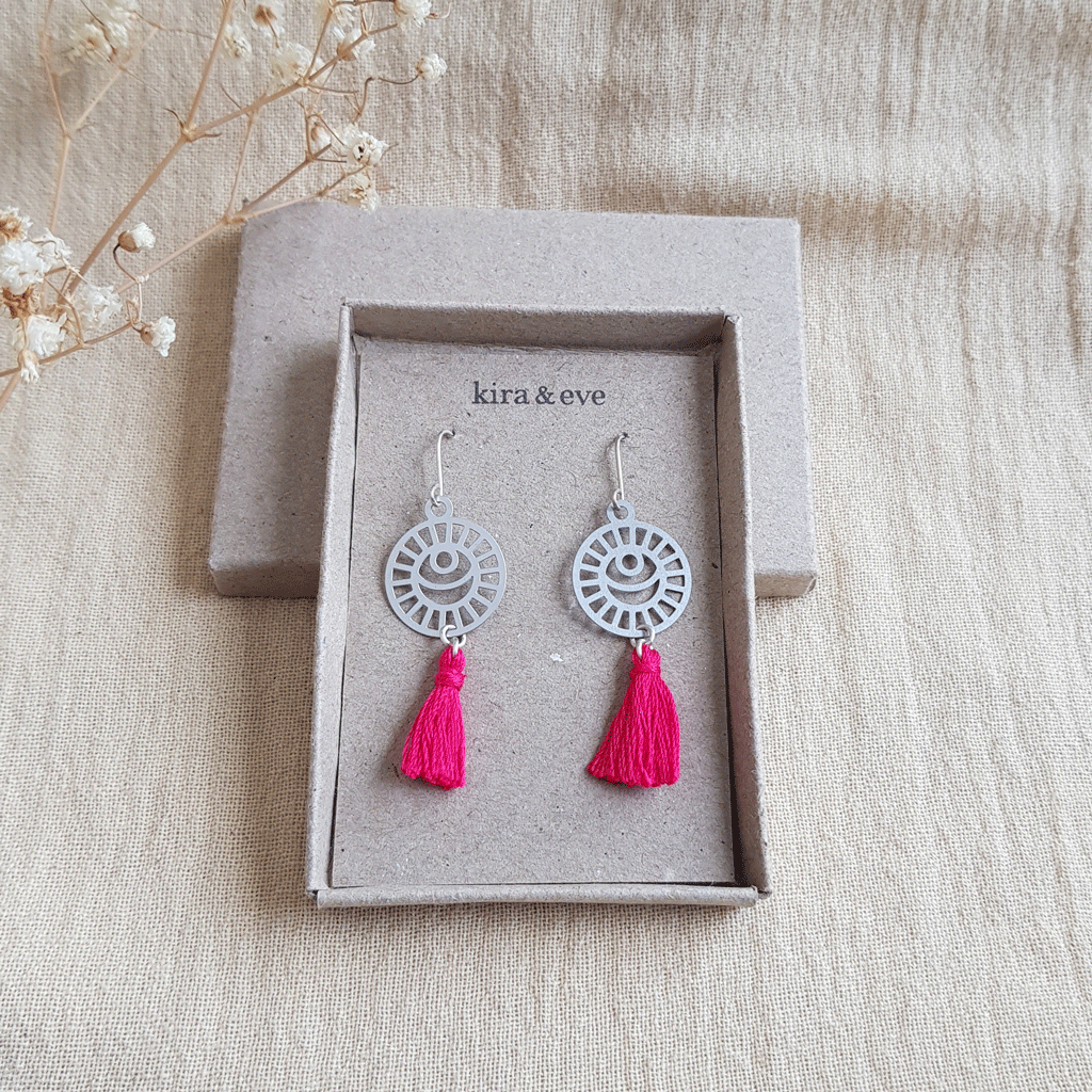 Kira & Eve Lunar Tassel Earrings in Raspberry, Silver Dangle Earrings made from Stainless Steel & Sterling Silver