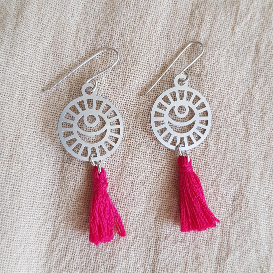 Kira & Eve Lunar Tassel Earrings in Raspberry, Silver Dangle Earrings made from Stainless Steel & Sterling Silver