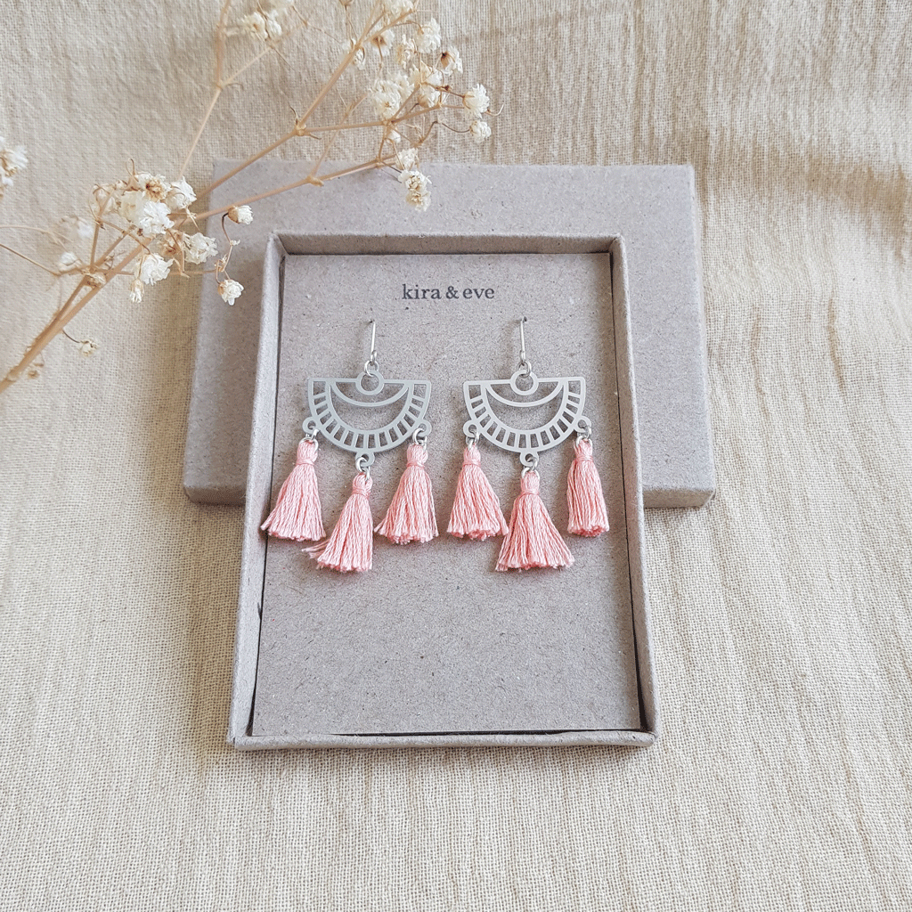 Kira & Eve Moonlit Silver Tassel Earrings in Peach made from Stainless Steel & Sterling Silver