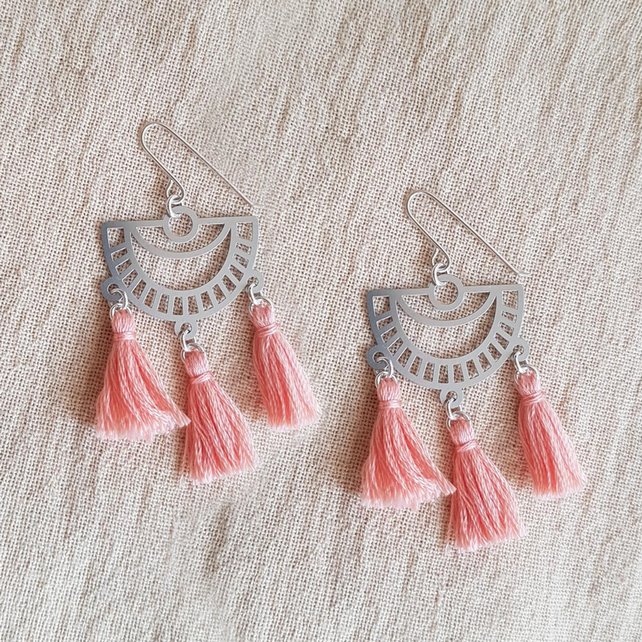 Kira & Eve Moonlit Silver Tassel Earrings in Peach made from Stainless Steel & Sterling Silver