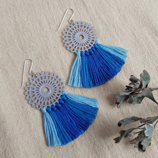 Kira & Eve Oceanic Tassel Earrings in Blue in Stainless Steel and Sterling Silver