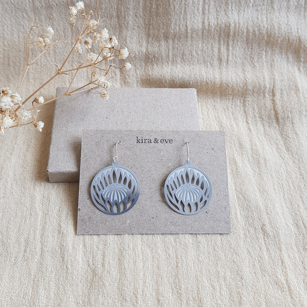 Kira & Eve Protea Silver Dangle Earrings in Stainless Steel & Sterling Silver