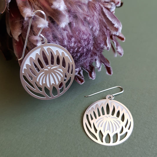 Kira & Eve Protea Silver Dangle Earrings in Stainless Steel & Sterling Silver