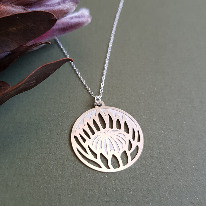 Kira & Eve Protea Pendant Silver Necklace in Stainless Steel & Sterling Silver